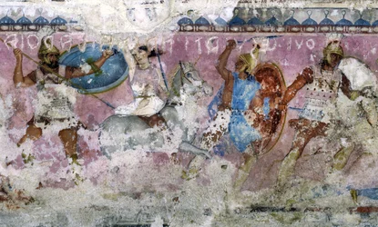 Batalla entre Griegos y Amazonas, detalle del lado del sarcófago de las Amazonas, Tarquinia, siglo IV a.C.